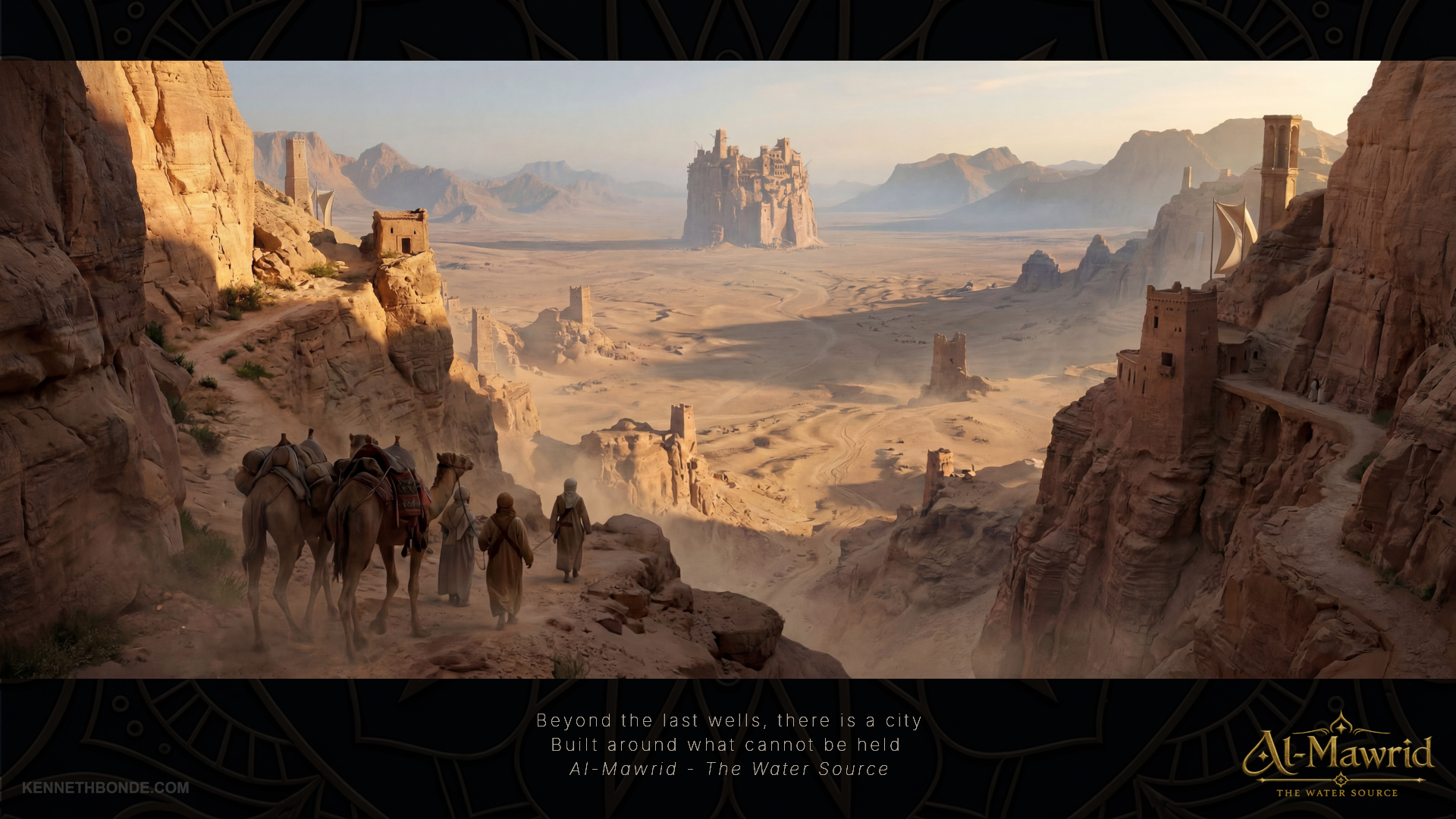 A desert valley approach to Al-Mawrid, with riders and pack animals moving toward a distant fortress carved into rock, establishing scale, pilgrimage, scarcity and cinematic environmental storytelling. Environment concept art and worldbuilding by Kenneth Bonde.