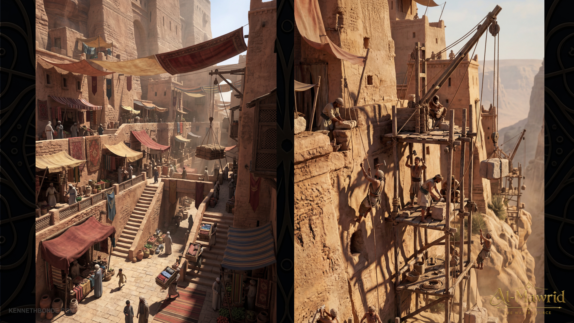 Workers and scaffolding inside the Al-Mawrid settlement, showing dense vertical architecture, construction activity, shadowed passages and a lived-in fortress environment built around labor, maintenance and daily life. Environment concept art and worldbuilding by Kenneth Bonde.