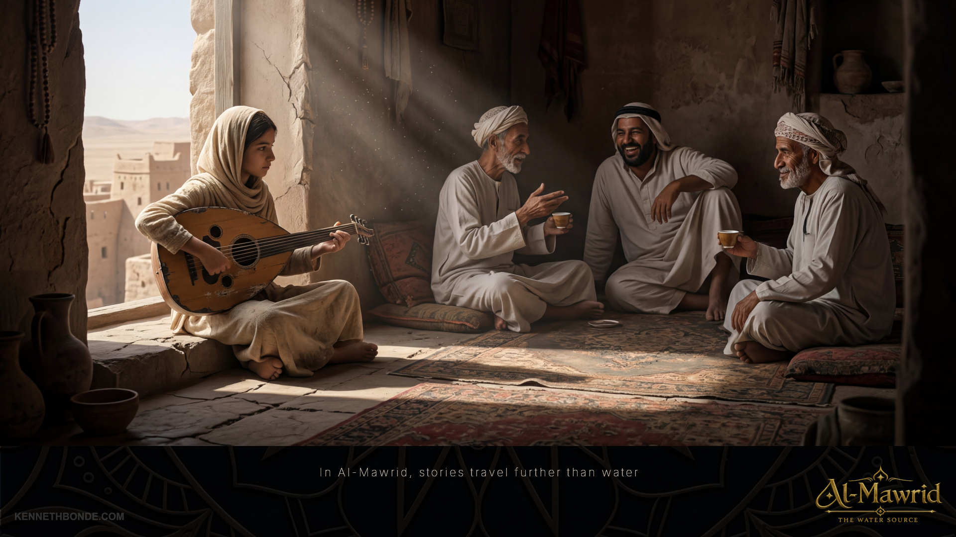 Interior gathering in Al-Mawrid with people seated in warm light near stone walls and textiles, suggesting social life, hospitality, ritual, cultural identity and human scale inside the fortress. Environment concept art and worldbuilding by Kenneth Bonde.