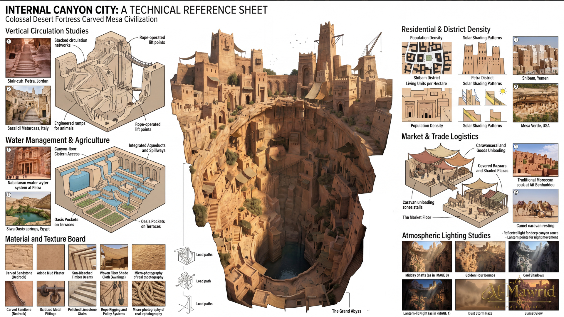 Research and reference board for Al-Mawrid showing canyon settlements, fortress architecture, material studies, desert dwellings and visual development references used to ground the fantasy world in believable design logic. Environment concept art and worldbuilding by Kenneth Bonde.
