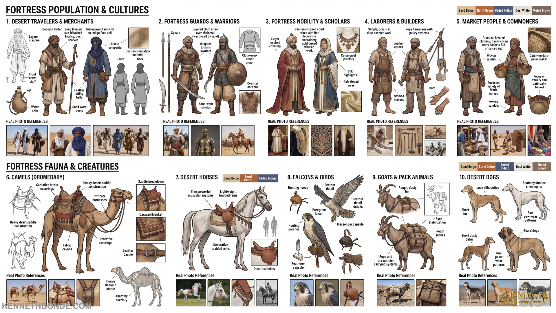 Population and culture reference board for Al-Mawrid showing inhabitants, animals, tools, travel gear and costume logic, building the social and practical systems of the desert fortress world. Environment concept art and worldbuilding by Kenneth Bonde.