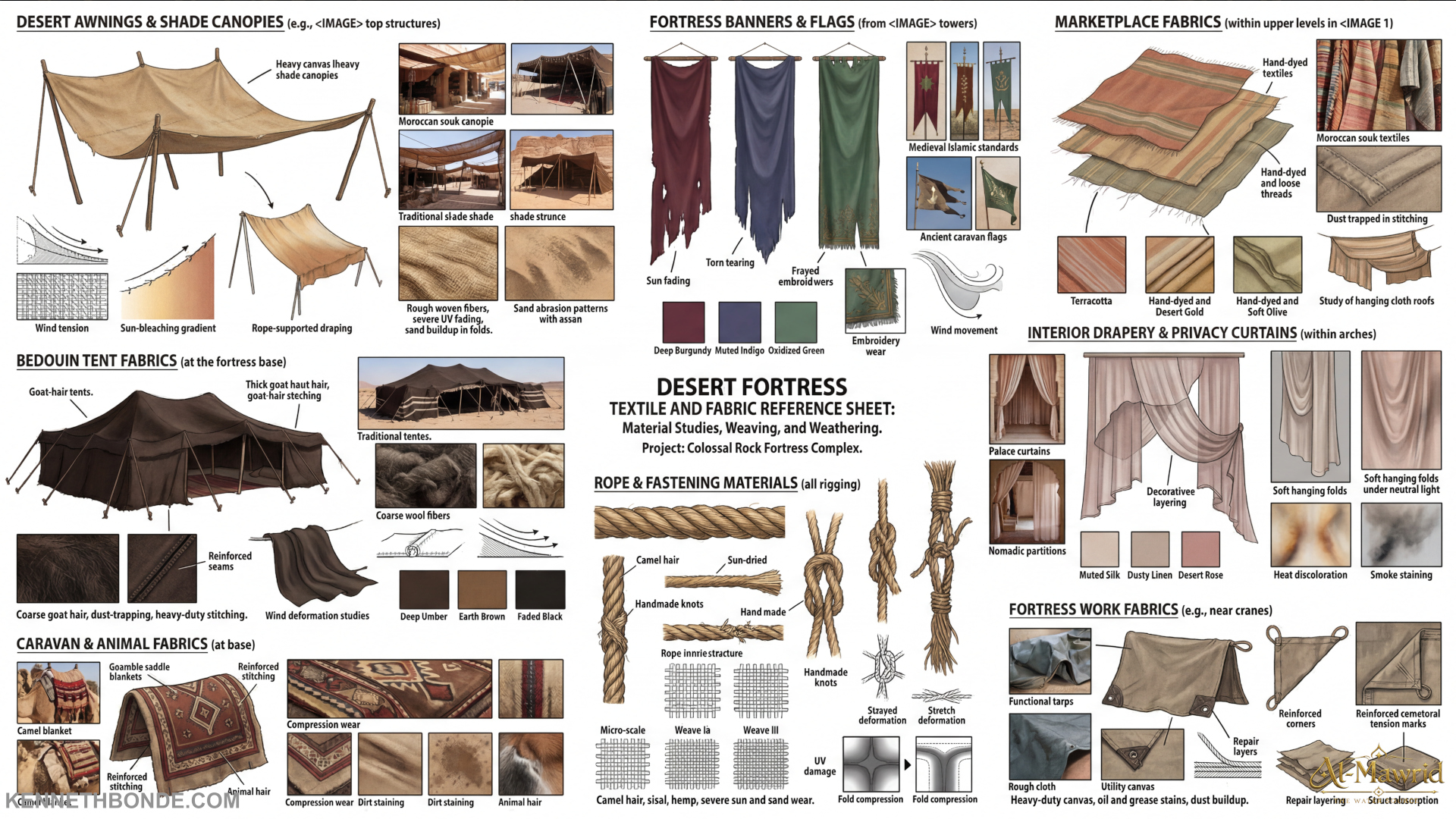 Material and design reference board for Al-Mawrid with tents, textiles, wooden structures, scaffolding, windows and architectural details that connect daily life to the harsh desert environment. Environment concept art and worldbuilding by Kenneth Bonde.