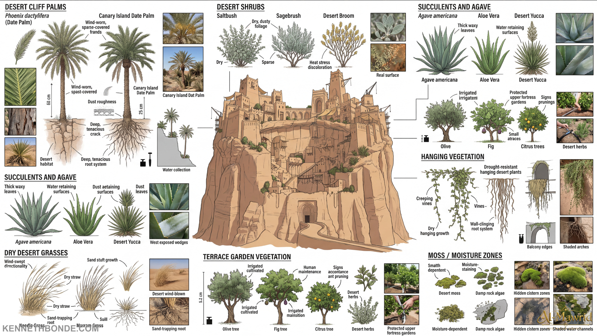 Botanical and environmental reference board for Al-Mawrid showing palm trees, oasis plants, water-related vegetation and fortress courtyard details that support the survival logic of a desert civilization. Environment concept art and worldbuilding by Kenneth Bonde.