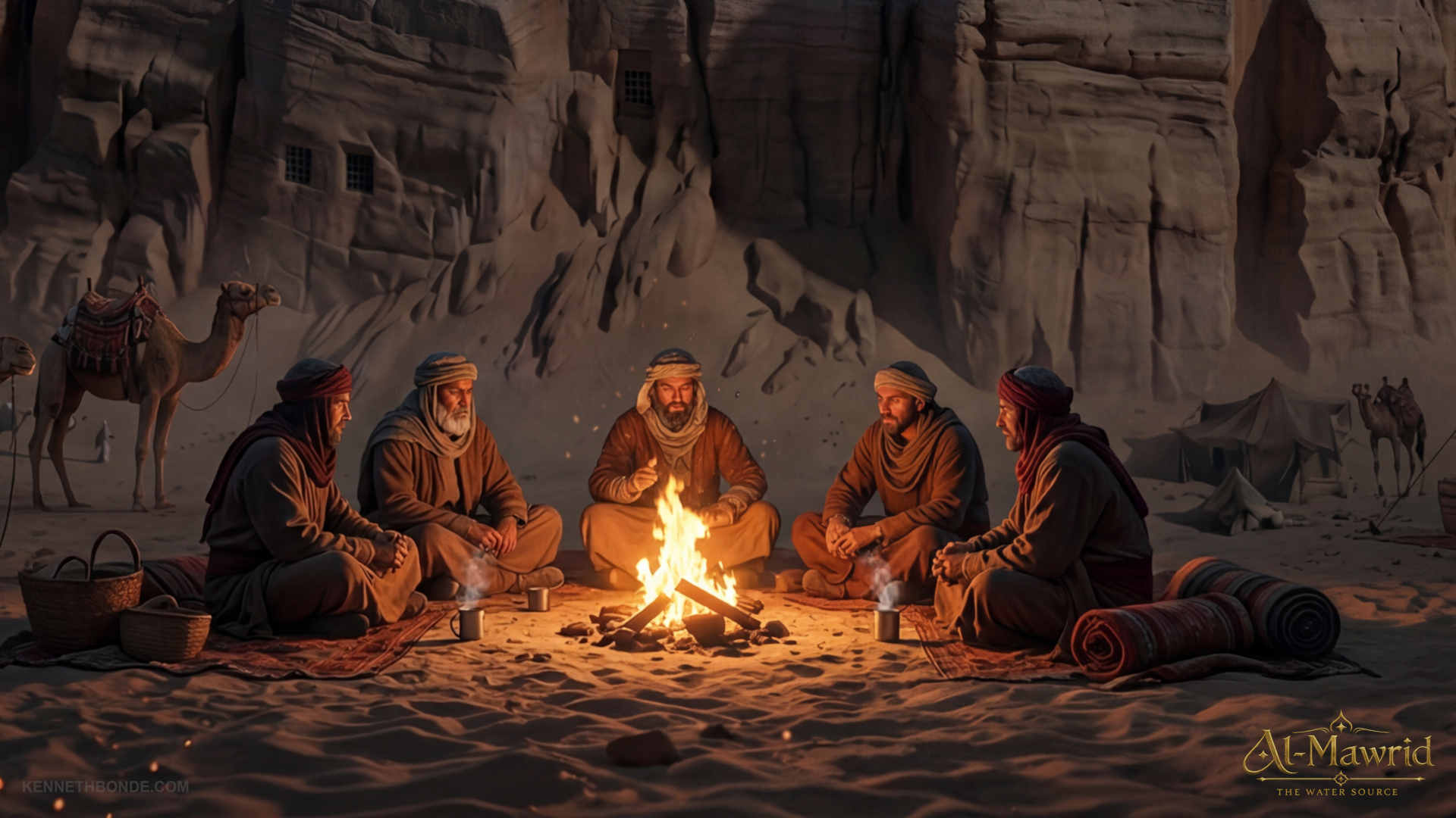 A Bedouin campfire scene at night beneath rock formations, with travelers gathered around flame and shadow, adding human warmth, nomadic culture and quiet storytelling to the desert world. Environment concept art and worldbuilding by Kenneth Bonde.