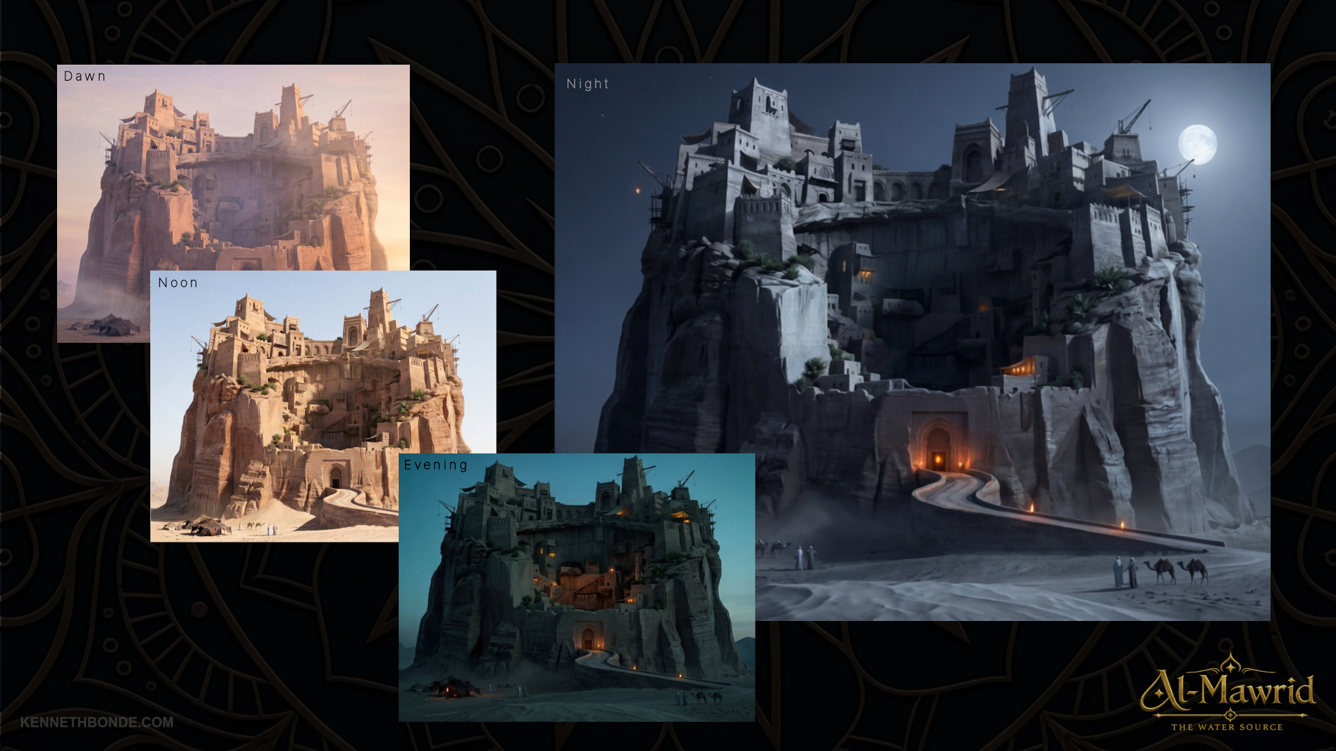 Al-Mawrid process montage with multiple concept images and mood studies, showing iteration, visual exploration, cinematic lighting and the development path from reference to final worldbuilding presentation. Environment concept art and worldbuilding by Kenneth Bonde.