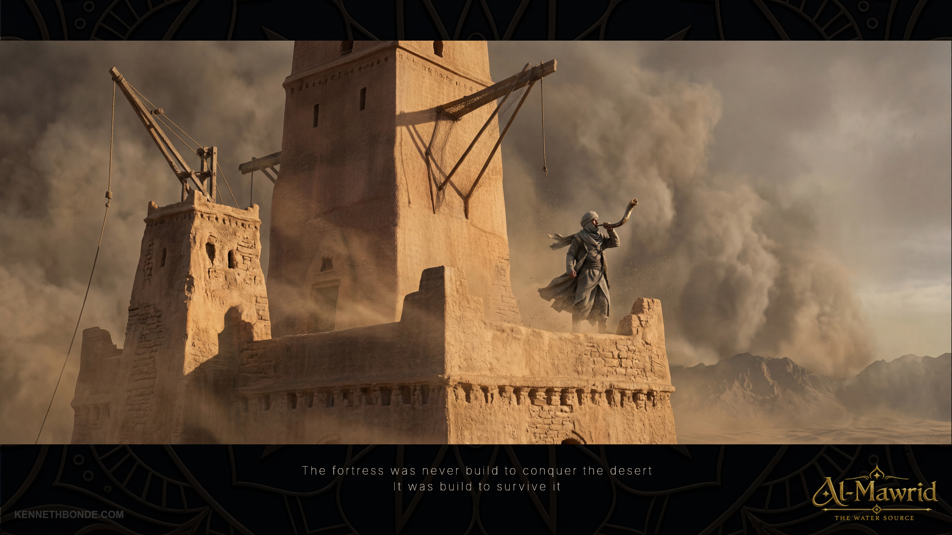 Al-Mawrid alarm scene with a horn tower, smoke and a rider near the fortress wall, suggesting conflict, warning, approaching danger and cinematic narrative tension inside the desert world. Environment concept art and worldbuilding by Kenneth Bonde.