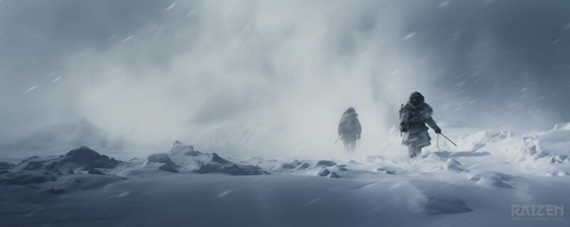 Two figures crossing a snowstorm, cinematic survival environment by Kenneth Bonde.