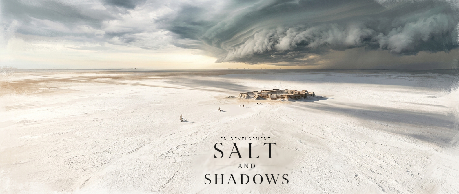 Salt and Shadows visual development teaser showing a storm approaching a remote salt settlement, by Kenneth Bonde.