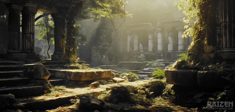 A wide jungle sanctuary with ruined stone structures, vegetation, reflected light and architectural remains suggesting a lost sacred place, natural reclamation and fantasy environment design. Environment concept art and worldbuilding by Kenneth Bonde.