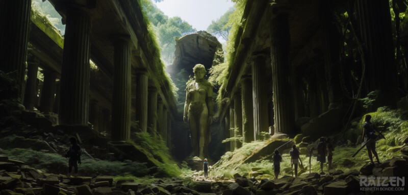 A vertical jungle temple corridor with mossy ruins, carved stone, dense vegetation and a distant sculptural form, designed as a cinematic lost-world environment full of atmosphere and discovery. Environment concept art and worldbuilding by Kenneth Bonde.